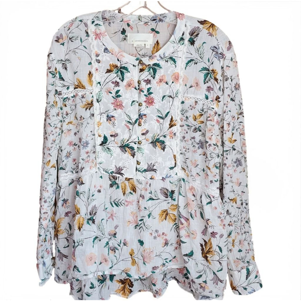 ANTHROPOLOGIE Ginevra Lace Babydoll Blouse M White Floral Long Sleeve - Picture 4 of 7